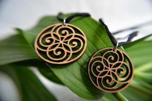 Spiral Circle Pendant — Cherry Wood on Leather Cord