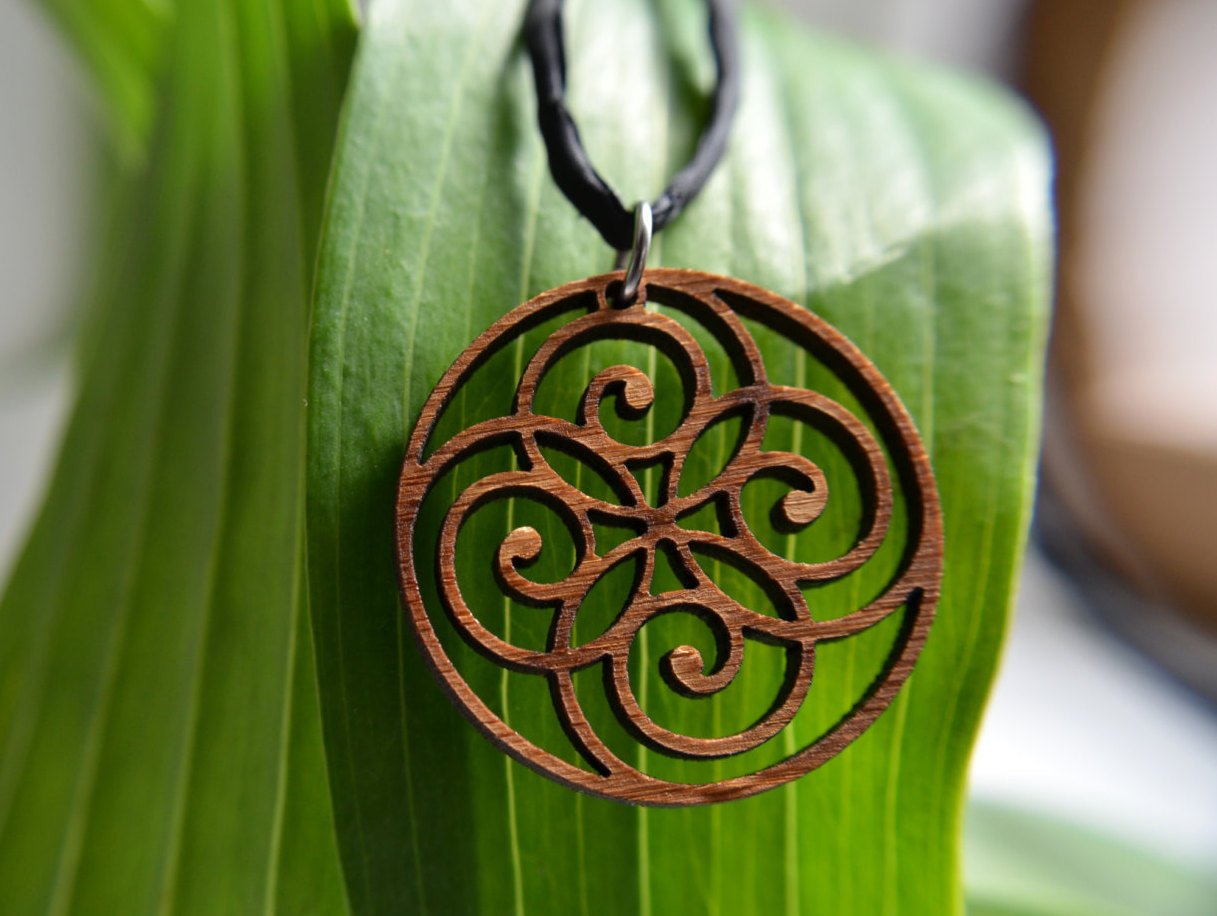 Spiral Circle Pendant — Cherry Wood on Leather Cord
