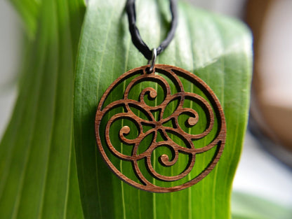 Spiral Circle Pendant — Cherry Wood on Leather Cord